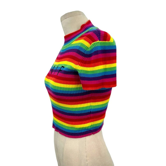 Unif UNIF Lenny Crop Top Short Sleeve Top Rainbow Stripe Turtleneck Size Small - Picture 4 of 8